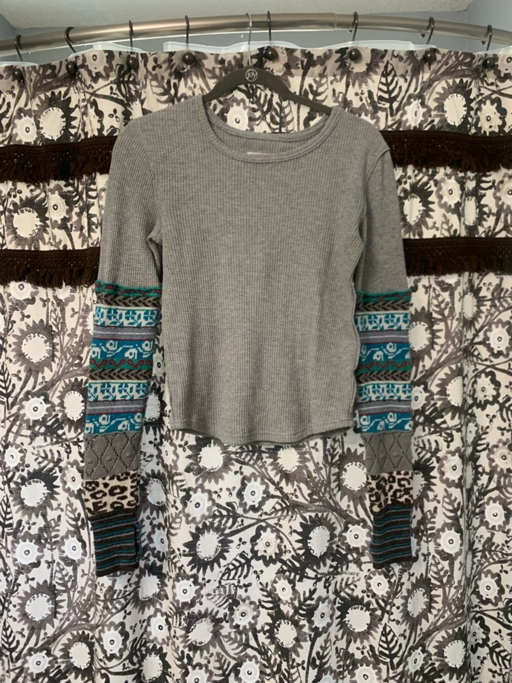 Free People Gray Waffle Top with Patterned Knit Sleeves